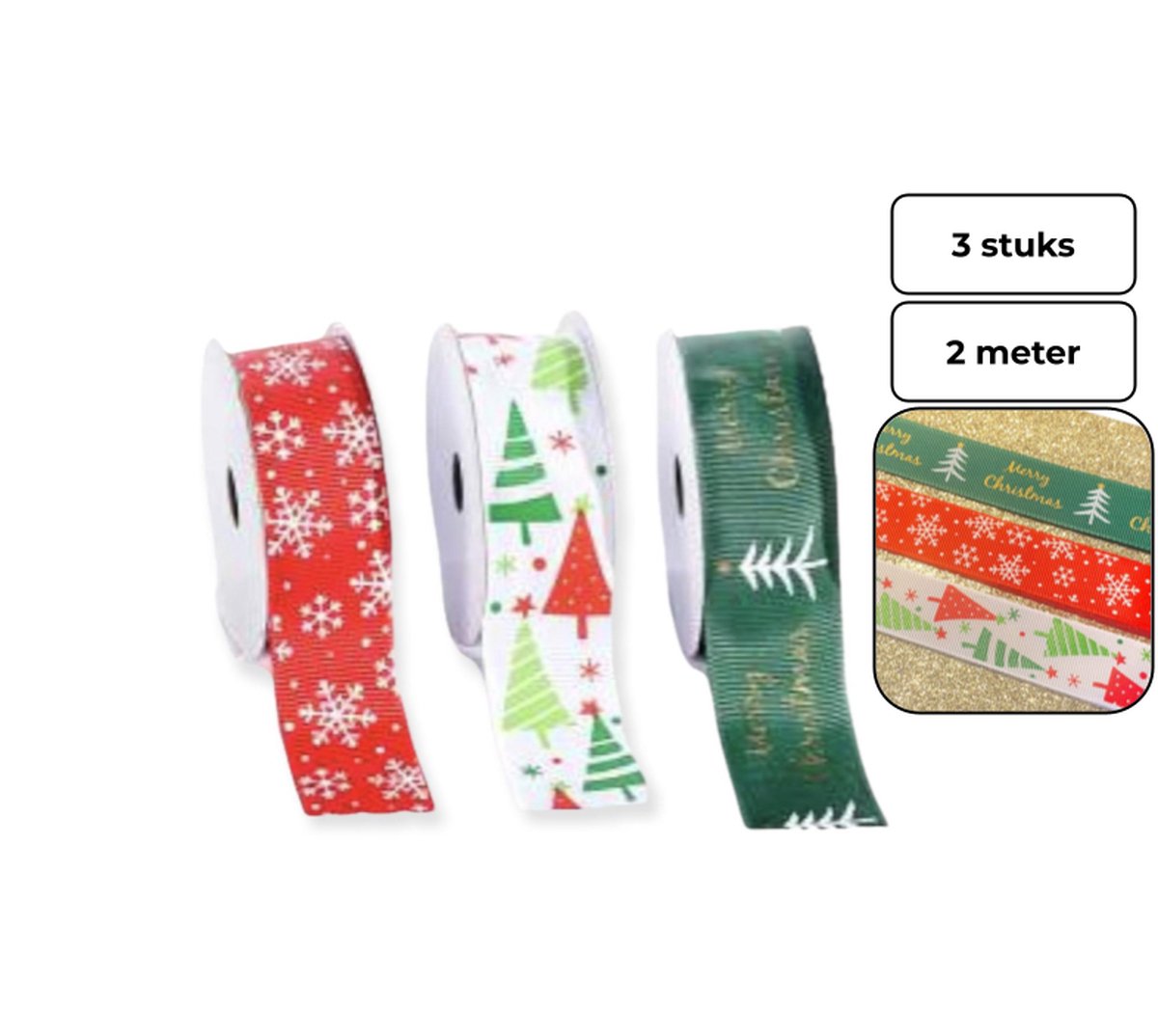 PD - Kerst Linten - 25mm (2,5cm) | Luxe Kerst Lint | Ripsband | Rood Wit Groen | Kerstlint | Cadeaulint | Rol: 2 Meter